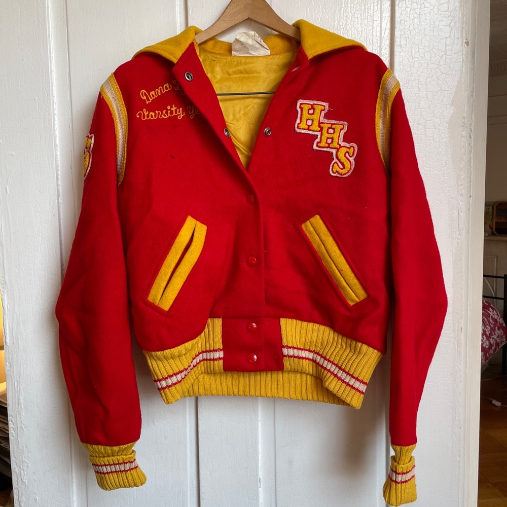 VTG 80s Red Yellow Cougars Varsity Letterman Jacket SZ Small